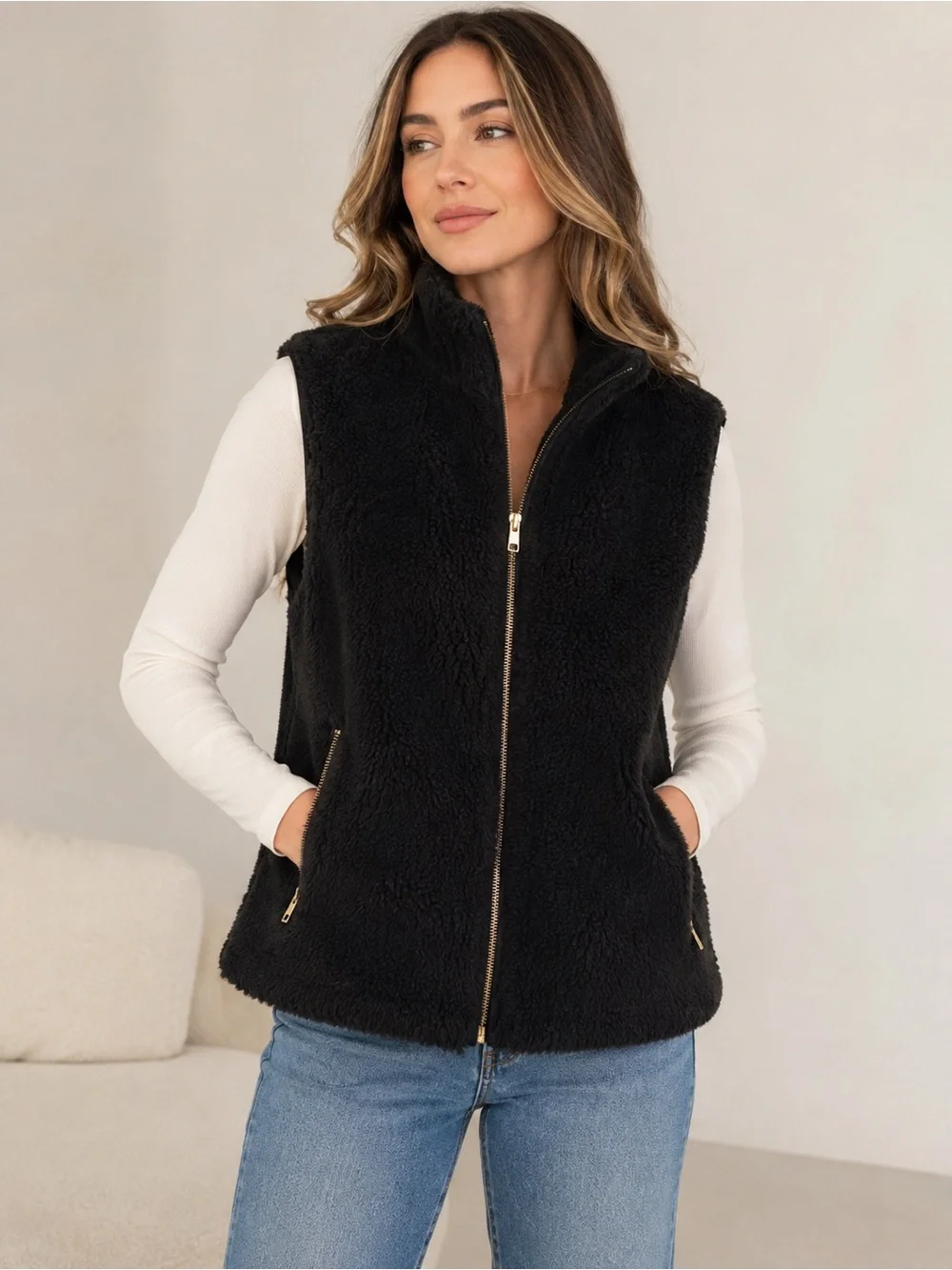 J. Crew Black Sherpa Zip Vest with Gold Zipper